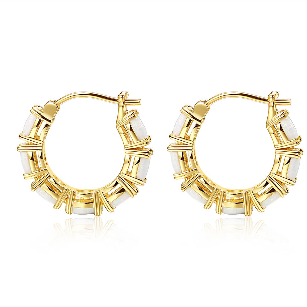 14K Yellow Gold Oval Opal Inside Out Hoop Earrings 2