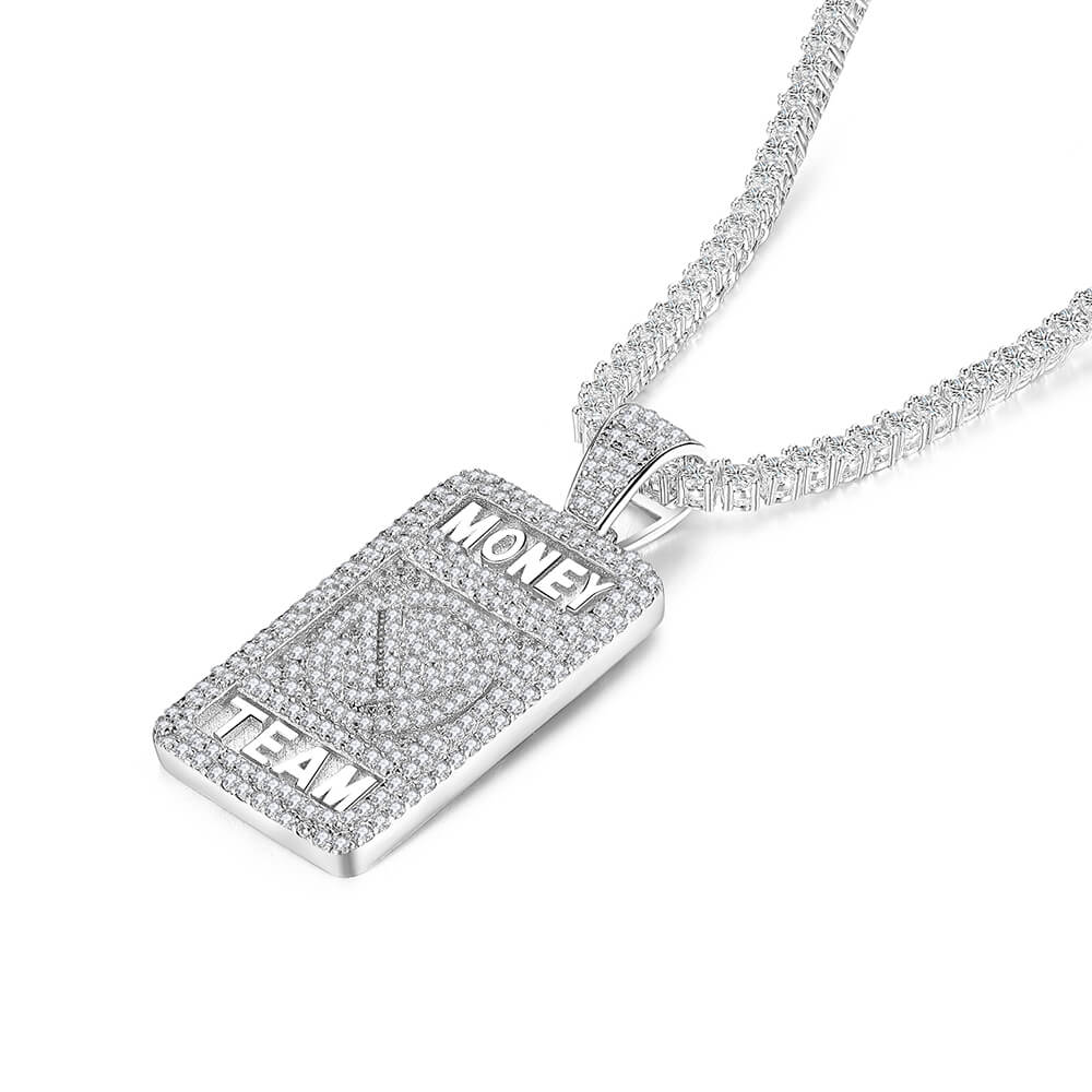 925 Sterling Silver Mens Round CZ Money Team Pendant 3
