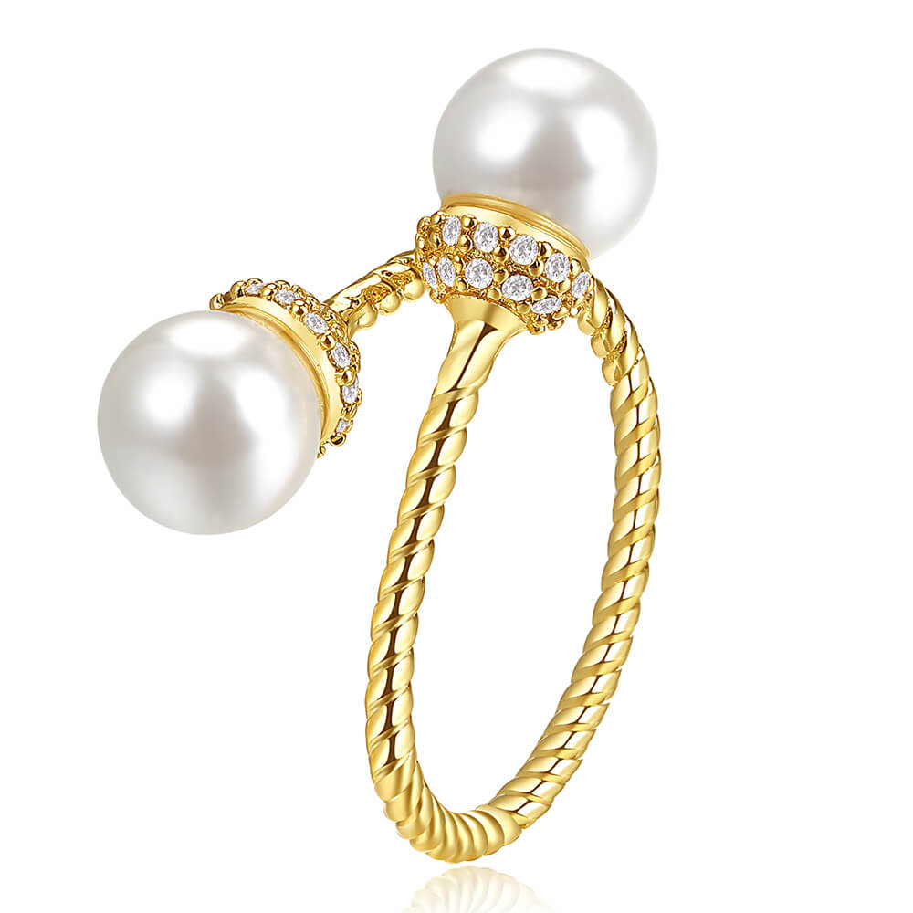 Bypass Ring with Pearls and Diamonds in 18K Gold 2
