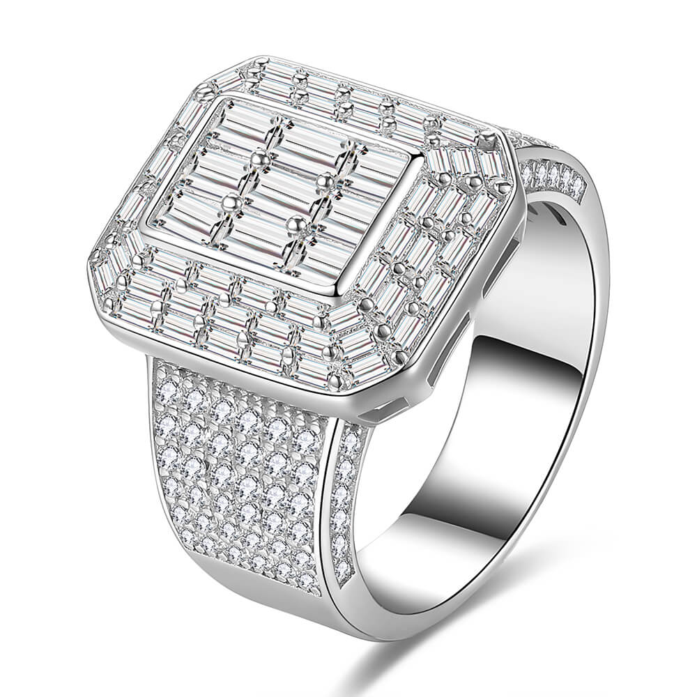 Men Silver tone Classic Round And Baguette Diamond Ring 1