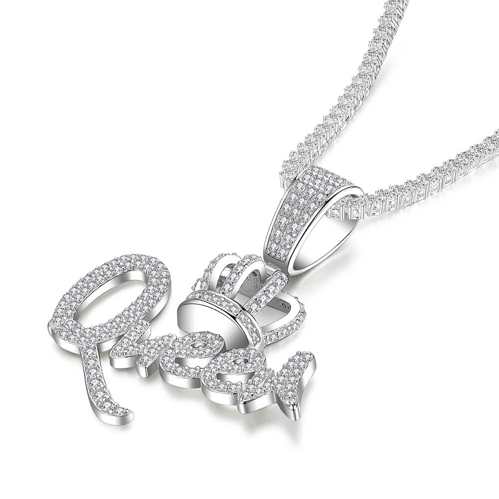 Real Sterling Silver Simulated Diamond Queen Crown Pendent Charm Chain 1