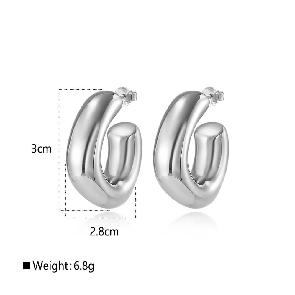 925 Sterling Silver Hollow Earrings Bold Rounded Hoop 1
