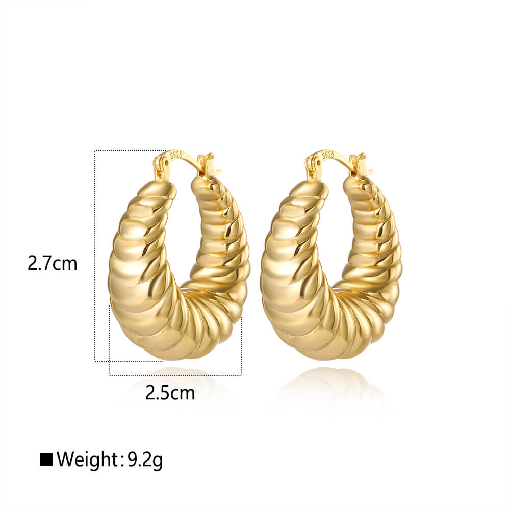 925 Sterling Silver Hollow Earrings Luxe Textured Croissant Hoop 1