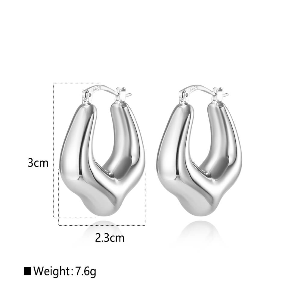 925 Sterling Silver Hollow Earrings Sculpted Abstract Hoop Design 1