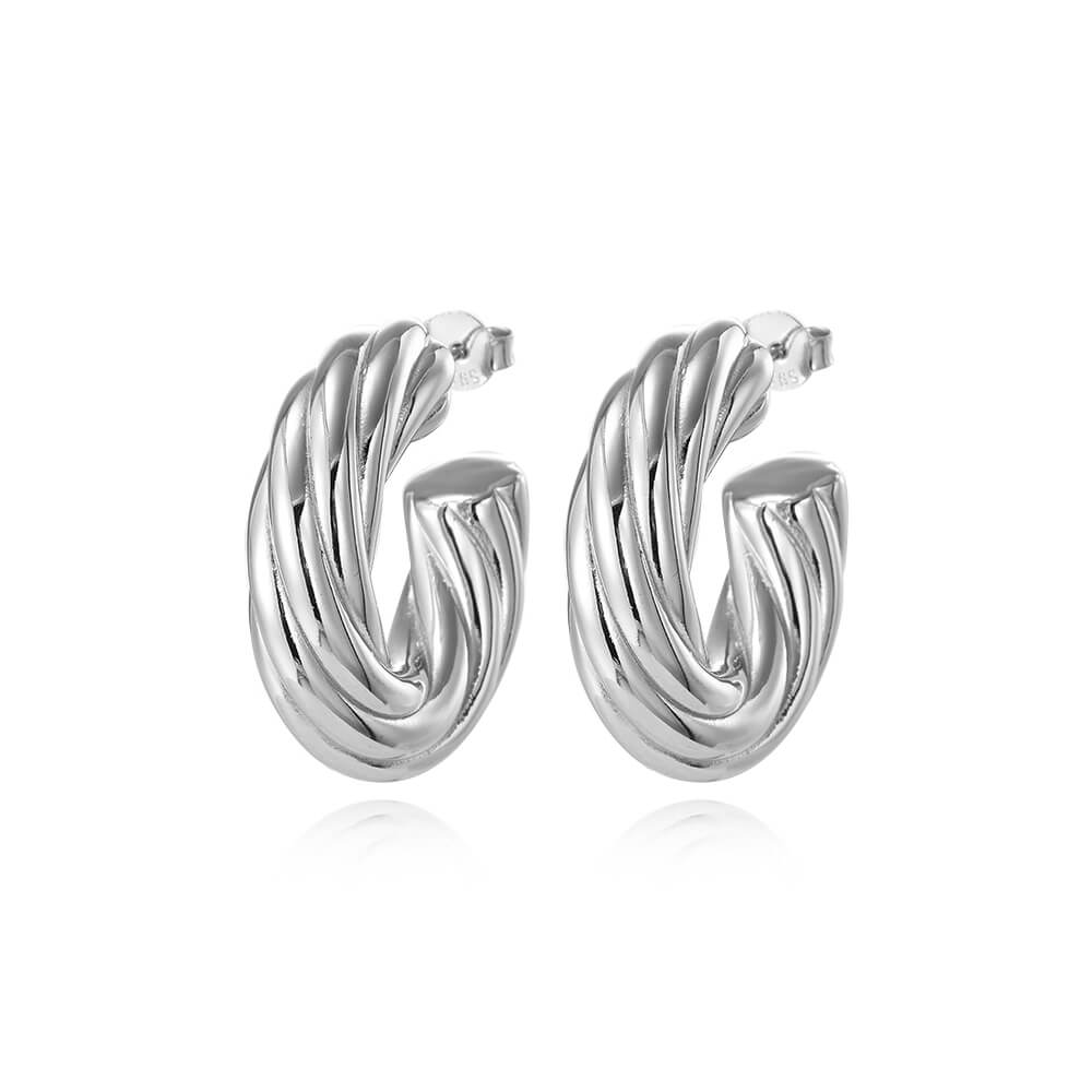 925 Sterling Silver Hollow Earrings Textured Twisted Hoop 2 1